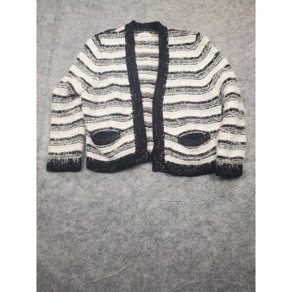 Calvin Klein Women's L Black White Striped Eyelash Open Front Cropped Cardigan - Picture 1 of 7